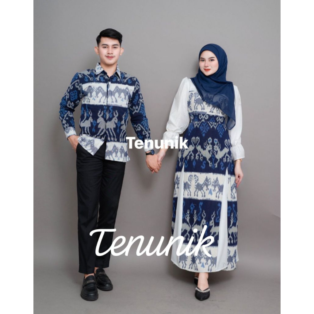 BAJU TENUN COUPLE KINANTI NTT WHITE BLUE - BAJU COUPLE - COUPLE TENUN - COUPLE KONDANGAN - DRESS KON