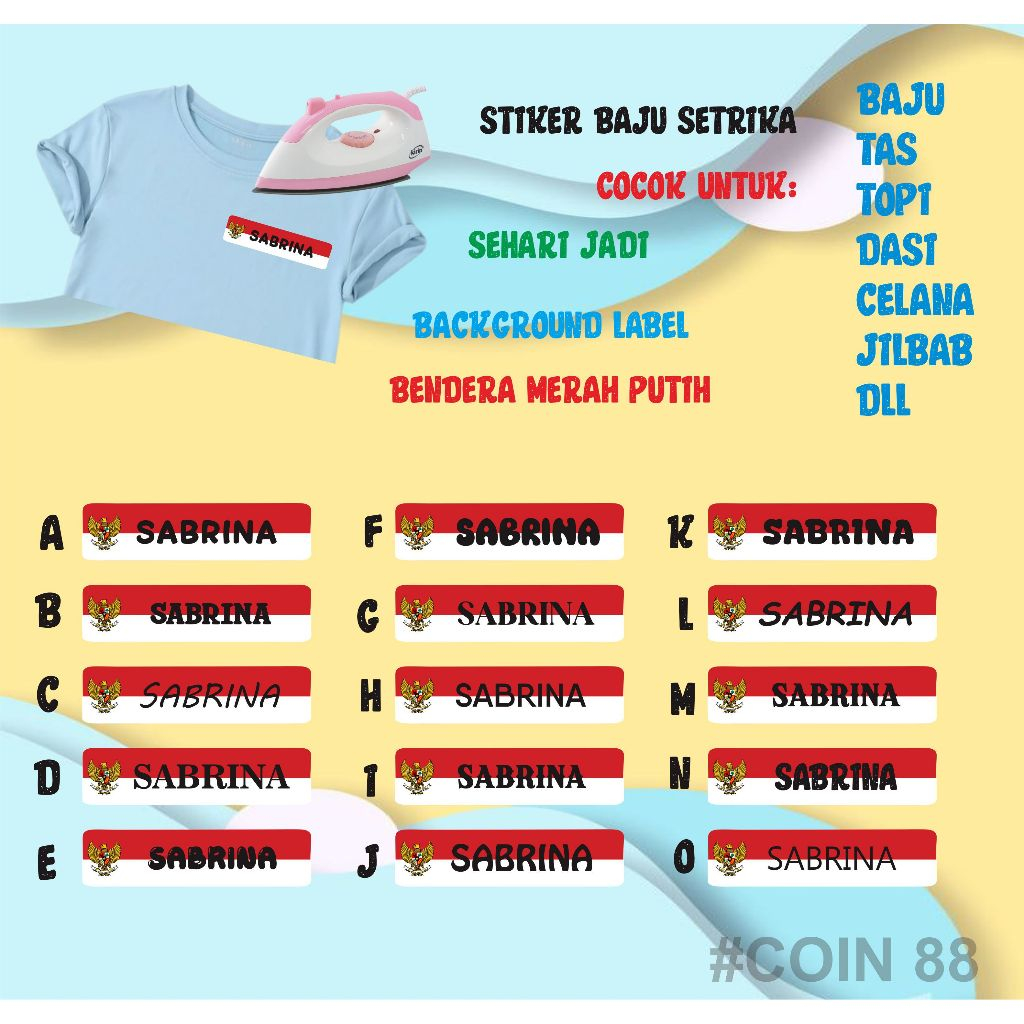 

Stiker Label Nama/Stiker Setrika Nama/Custom Nama Bahan Dtf Waterproof Untuk Anak-anak dan Dewasa Perlembar Isi 30 Pcs Background Bendera Merah Putih