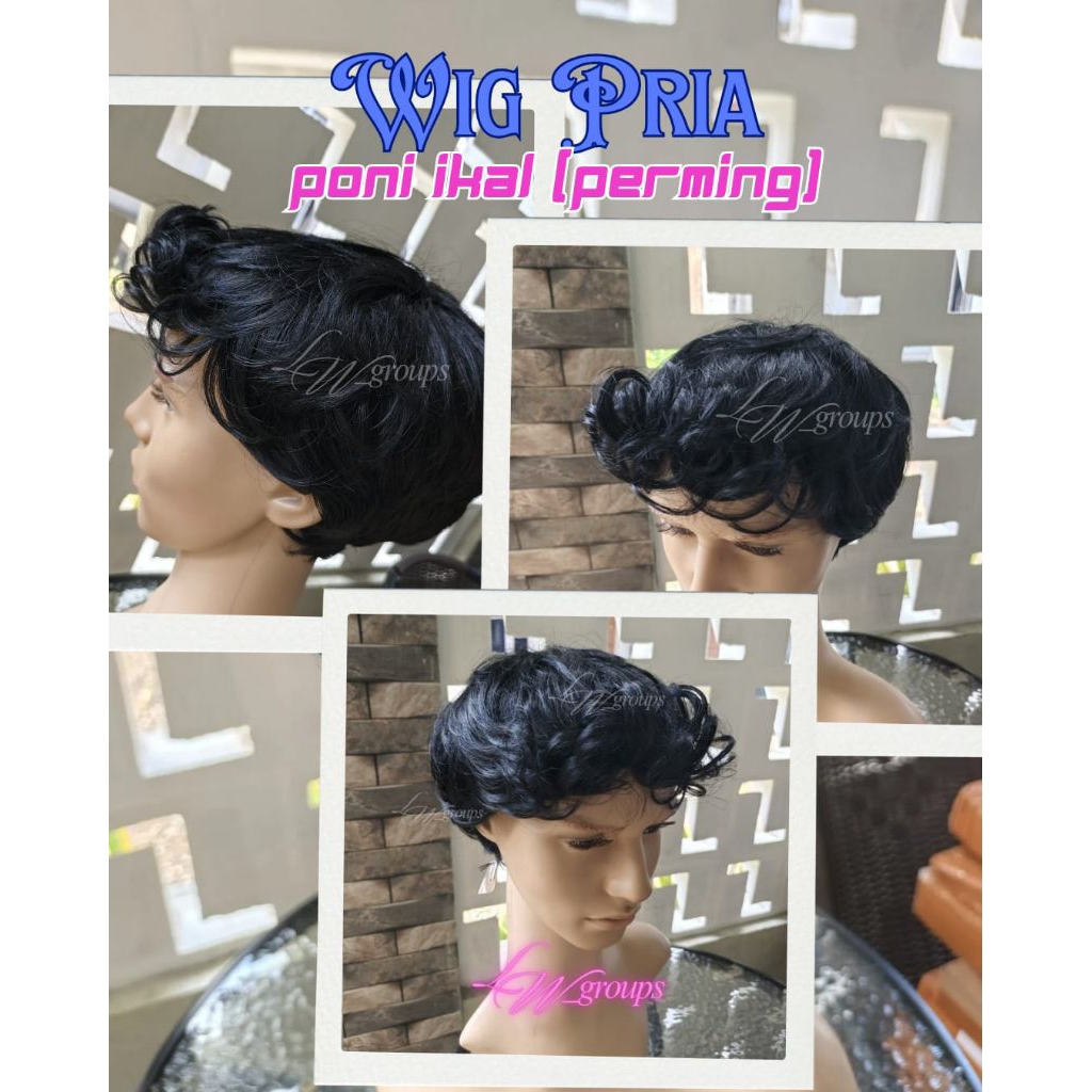 Wig Pria Pendek Poni Ikal Hitam Rambut Perming