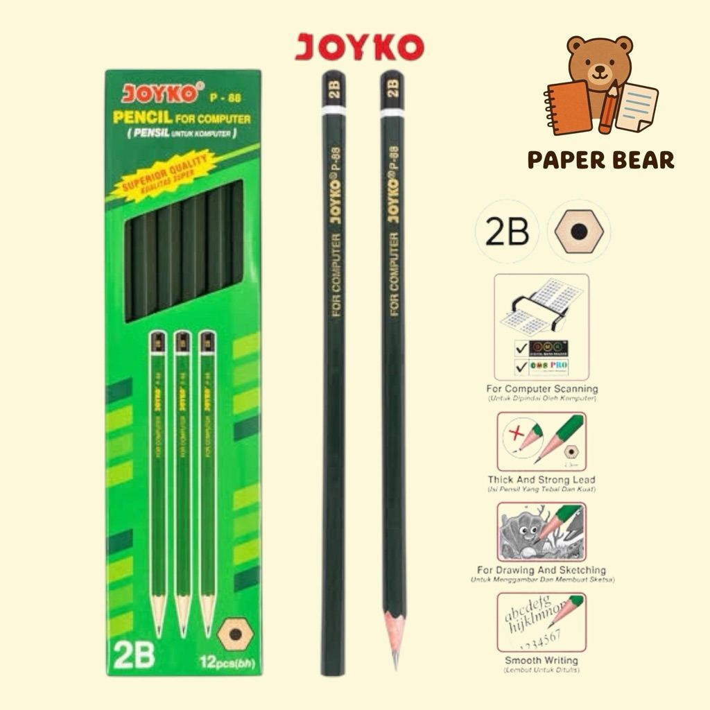 

Joyko Pensil 2B P-88 untuk Komputer & Menggambar 12pcs Isi 1 Dus Hitam Bentuk Hexagonal Mata Kuat Lembut Menulis & Menggambar Cocok Ujian Scan Friendly Stationery
