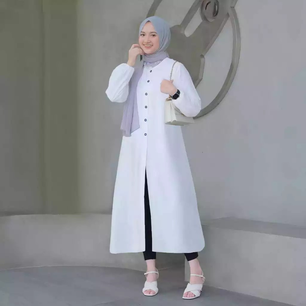 Tunik Kemeja Polos Rayon Twill Lengan Karet Kerah Bulat Full Kancing Aktif