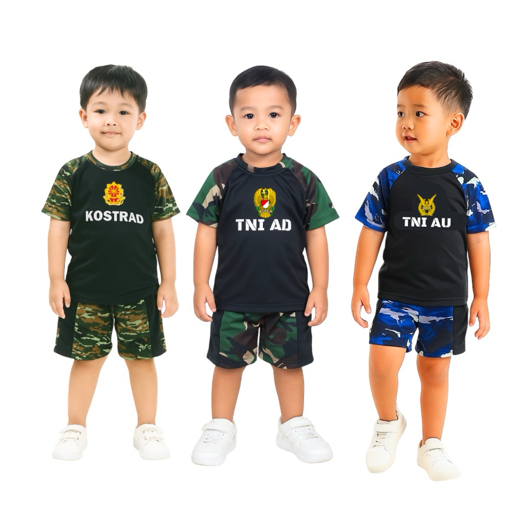 Setelan anak laki-laki hitam kombinasi loreng TNI usia 1-8 tahun kaos doreng abri kopassus TNI AU TN