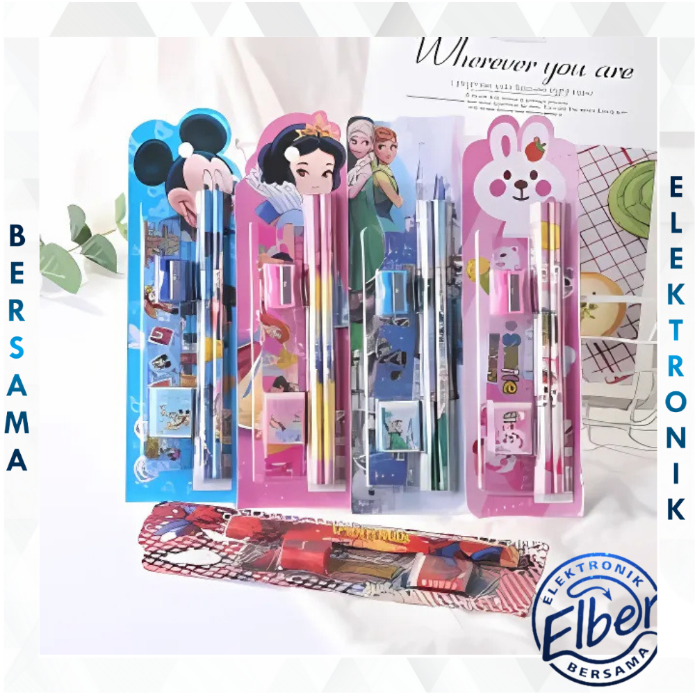 

ELBER Stationery Set 5 in 1 Alat Tulis Anak Sekolah Penghapus Penggaris Pensil Serutan Karakter Lucu