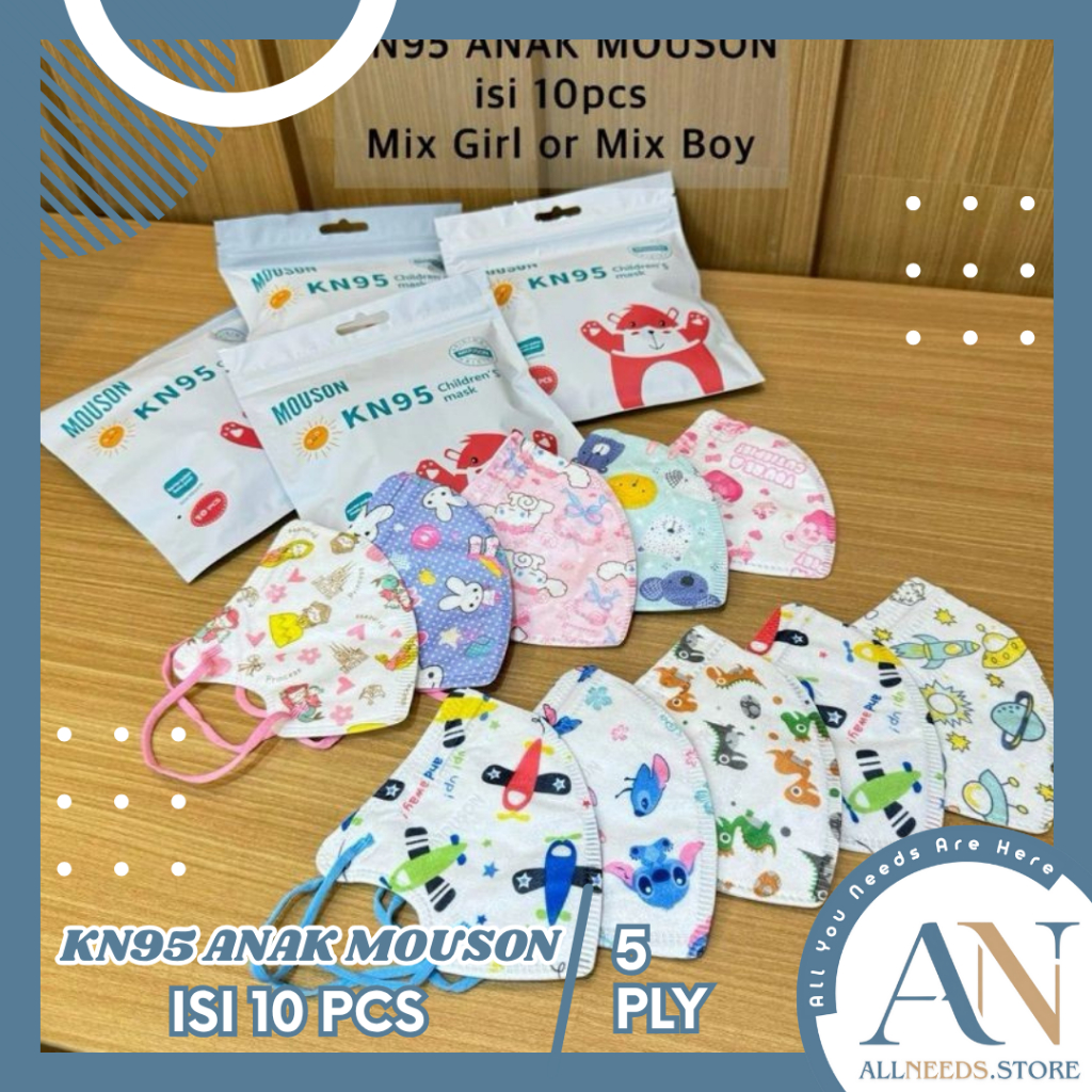 AllNeeds Masker KN95 Anak MOUSON PREMIUM 5PLY isi 10pcs Mix Girl Boy Campur Earloop Nyaman