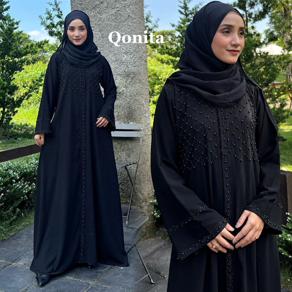 Abaya Qonita Hitam Gamis Jettblack S-XL