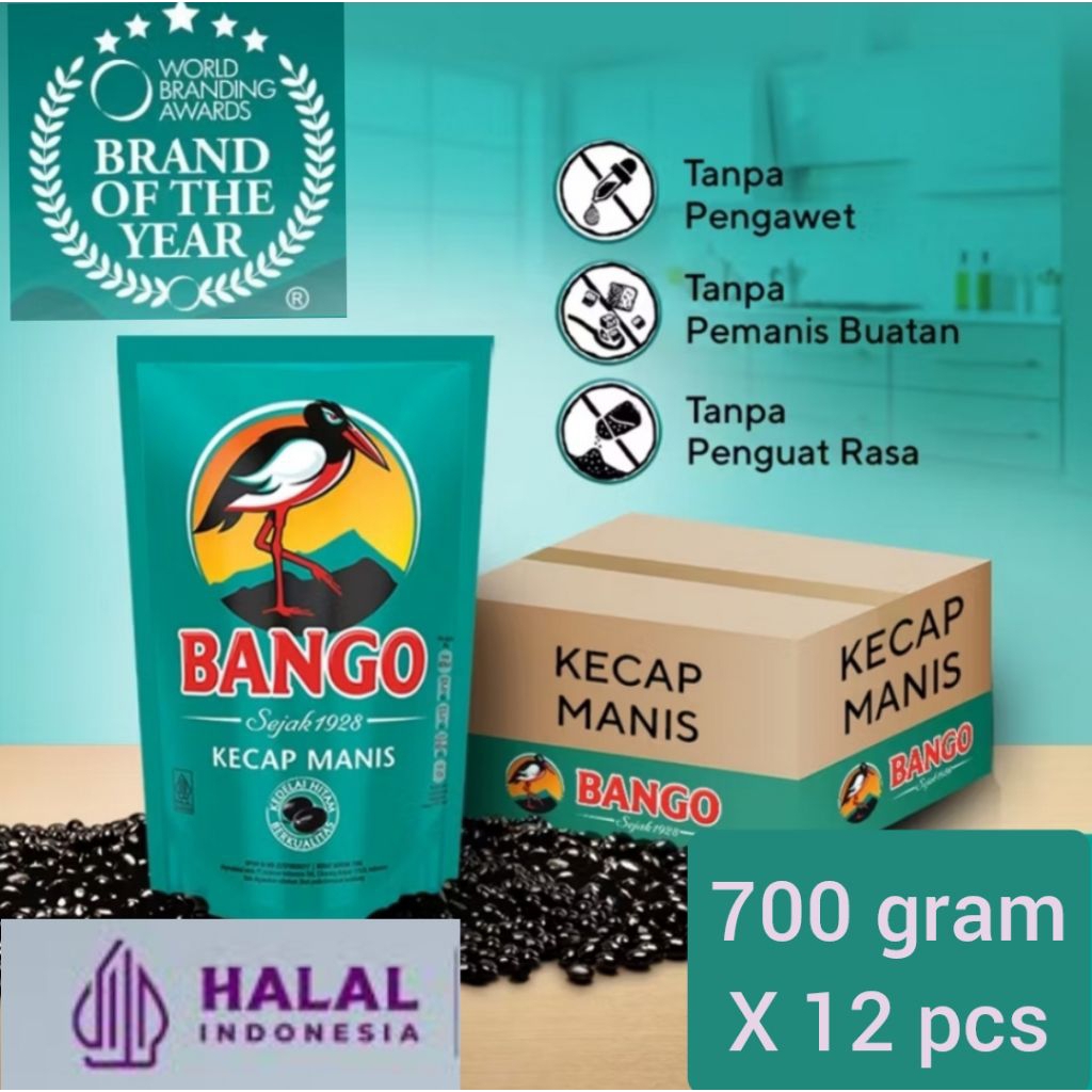 

1 dus. 700 gram x12 pcs. kecap bango manis refill label halal
