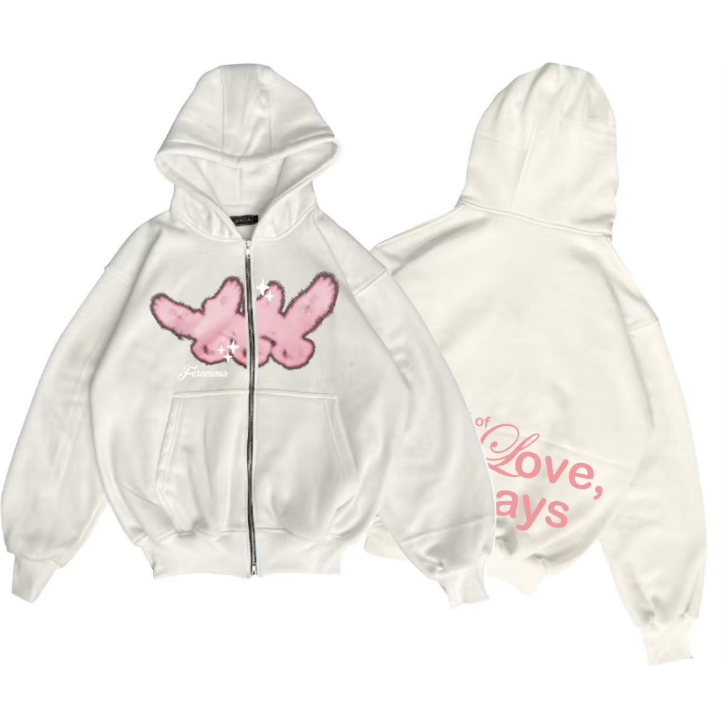 Jaket Sweater Hoodie Keren Putih Boxy Double Zipper Pria Dan Wanita Aesthetic Vintage Love Bird