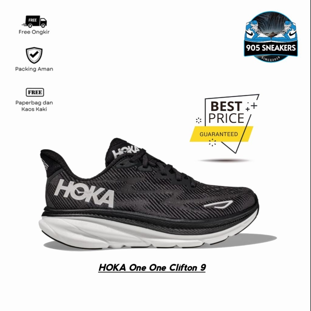 Sepatu Running Hoka One One Clifton 9 Black White Men's BNIB