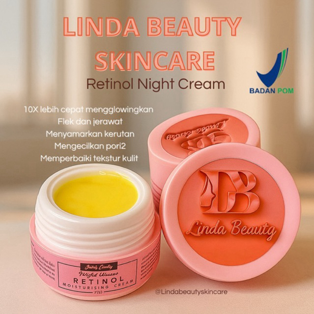 Cream Malam Retinol Lindabeauty | Night Cream Anti Aging & Flek Hitam | Retinol Pemula Aman BPOM