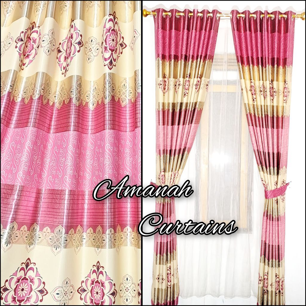 Gorden blackout glossy motif batik pink mewah model smokering terbaru