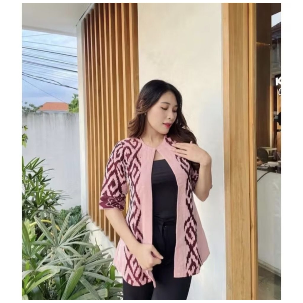 New Arrival Blazer Tenun Etnik Terbaru Pink Soft - Outer Etnik Kantor Wanita - Baju Atasan Kantor