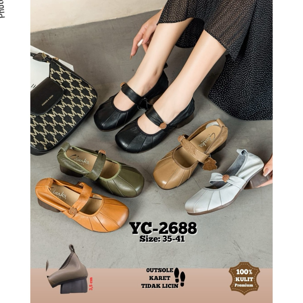 TERMURAH Sepatu Clarks YC-2688 Leather Block Heels 3,5cm / Sepatu kerja kantor wanita import / Clark