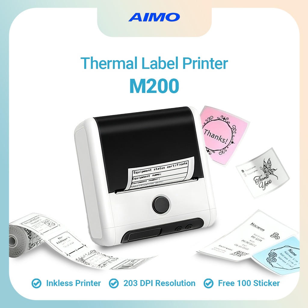 

AIMO M200 Pencetak Label Thermal Printer QR Code Barcode Portable Bluetooth Printer Label Inkless Tanpa Tinta