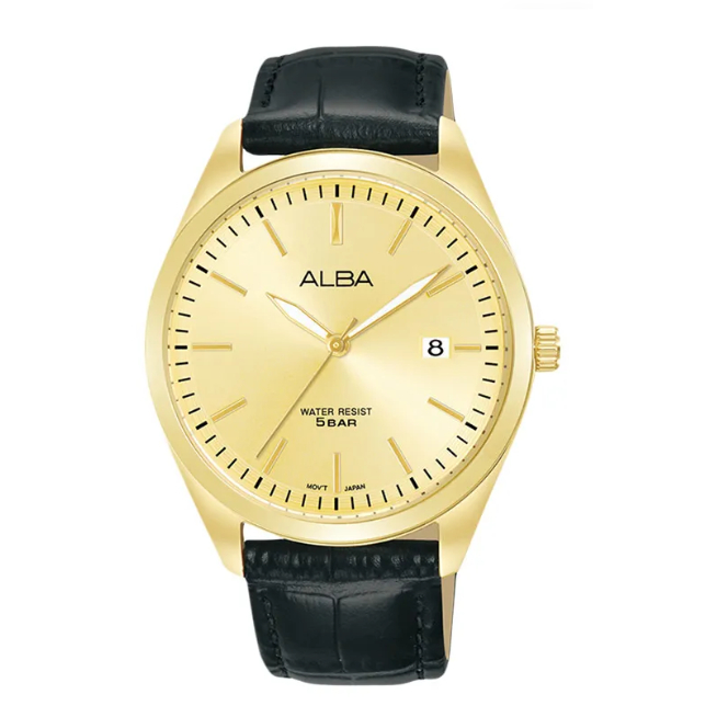 Jam Tangan Pria Alba Prestige AS9S24 AS9S24X1 Strap Leather Black Color Light Champagne Gold Dial Co