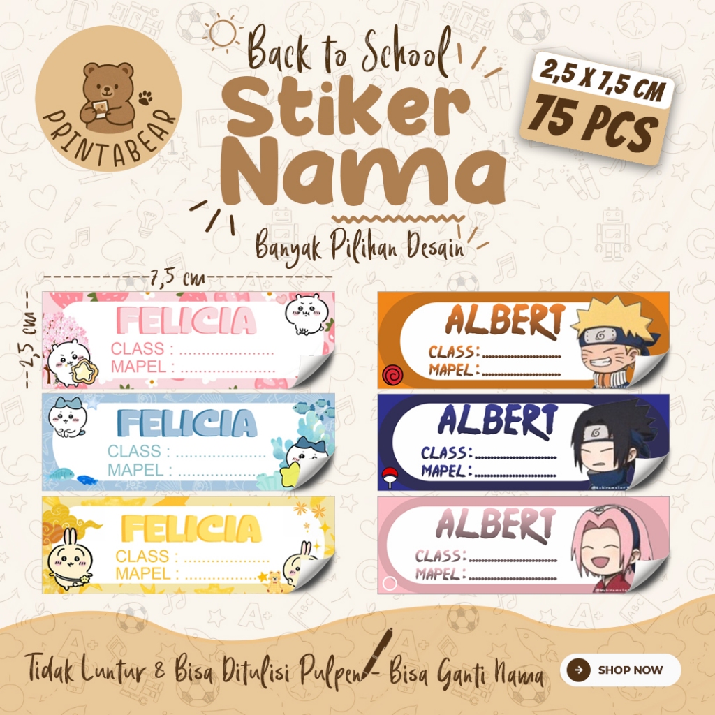 

[75 PCS] 03B-STICKER NAMA BISA DITULISI PULPEN ukuran 2,5x7,5cm / Stiker Buku Mata Pelajaran Sekolah