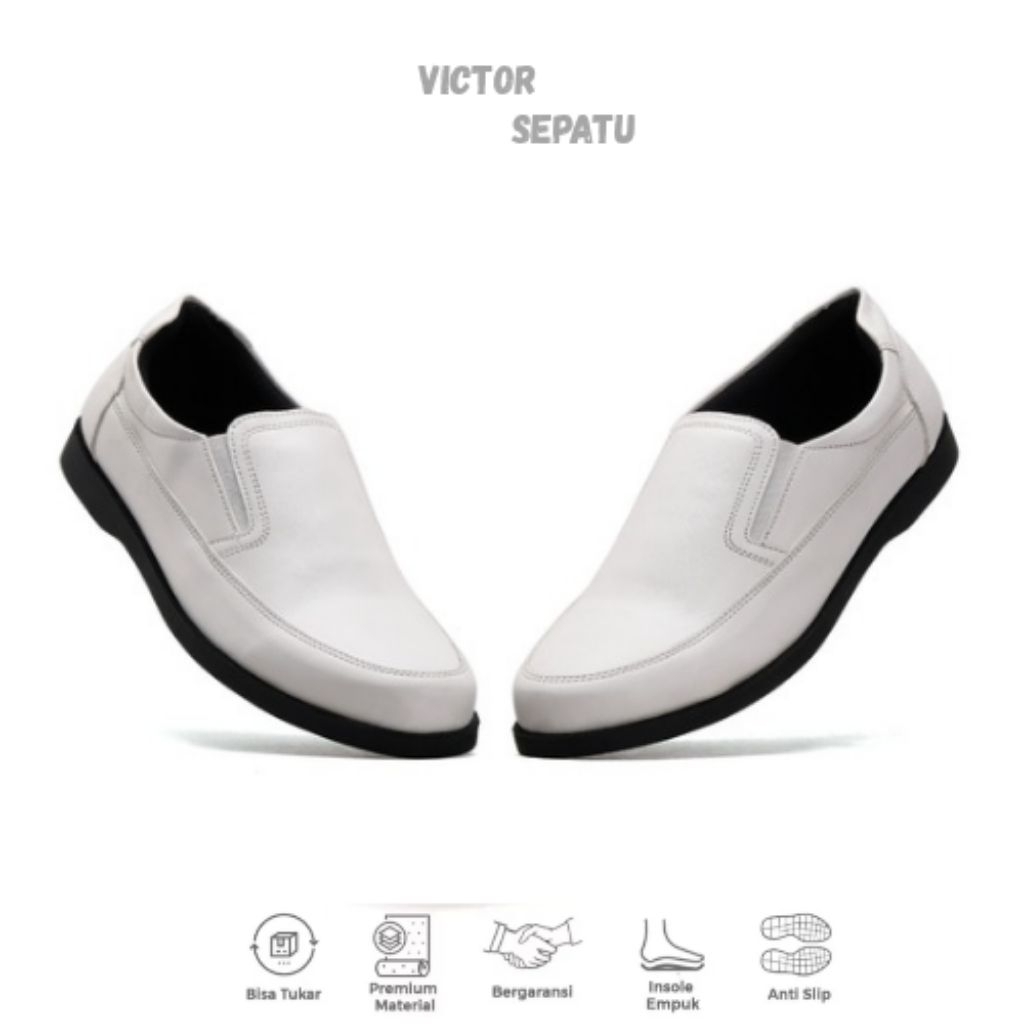 Victor Nesta Putih - Sepatu Slip On Pria Putih Semi Formal Loafer Kantor Kulit PU