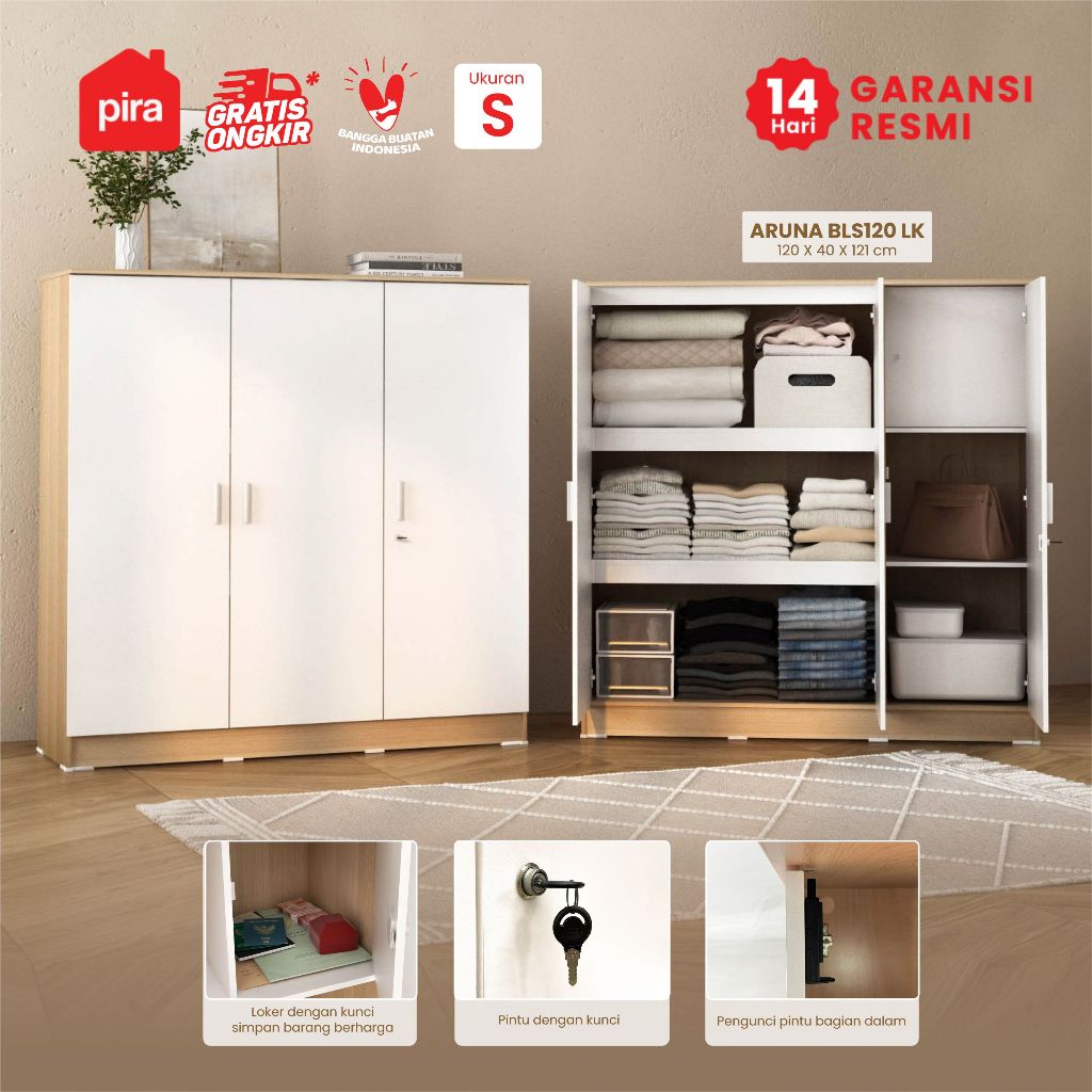 PIRA METROPOLIS OX -  ARUNA BLS120 LK Lemari Pakaian 3 Pintu Full Rak dengan Loker Penyimpanan