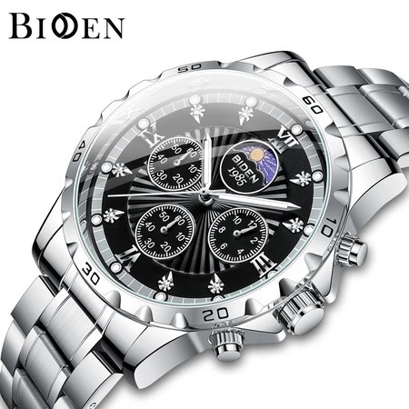 BIDEN Jam Tangan Pria Anti Air Bercahaya Tali Stainless Steel Original 0555 - Silver Black