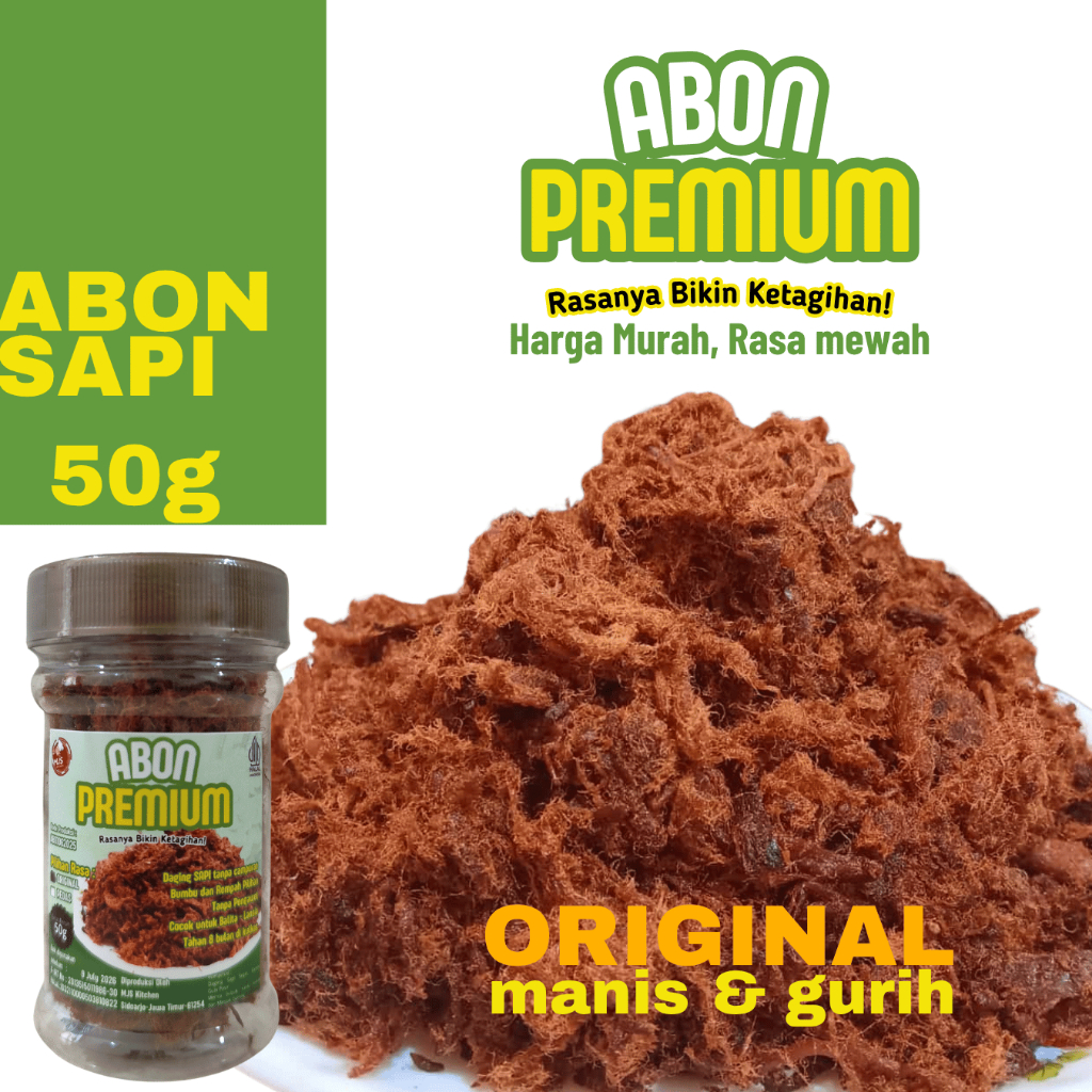 

Abon Sapi PREMIUM Asli Lezat dan Siap Saji 50g ORIGINAL (Manis dan Gurih)