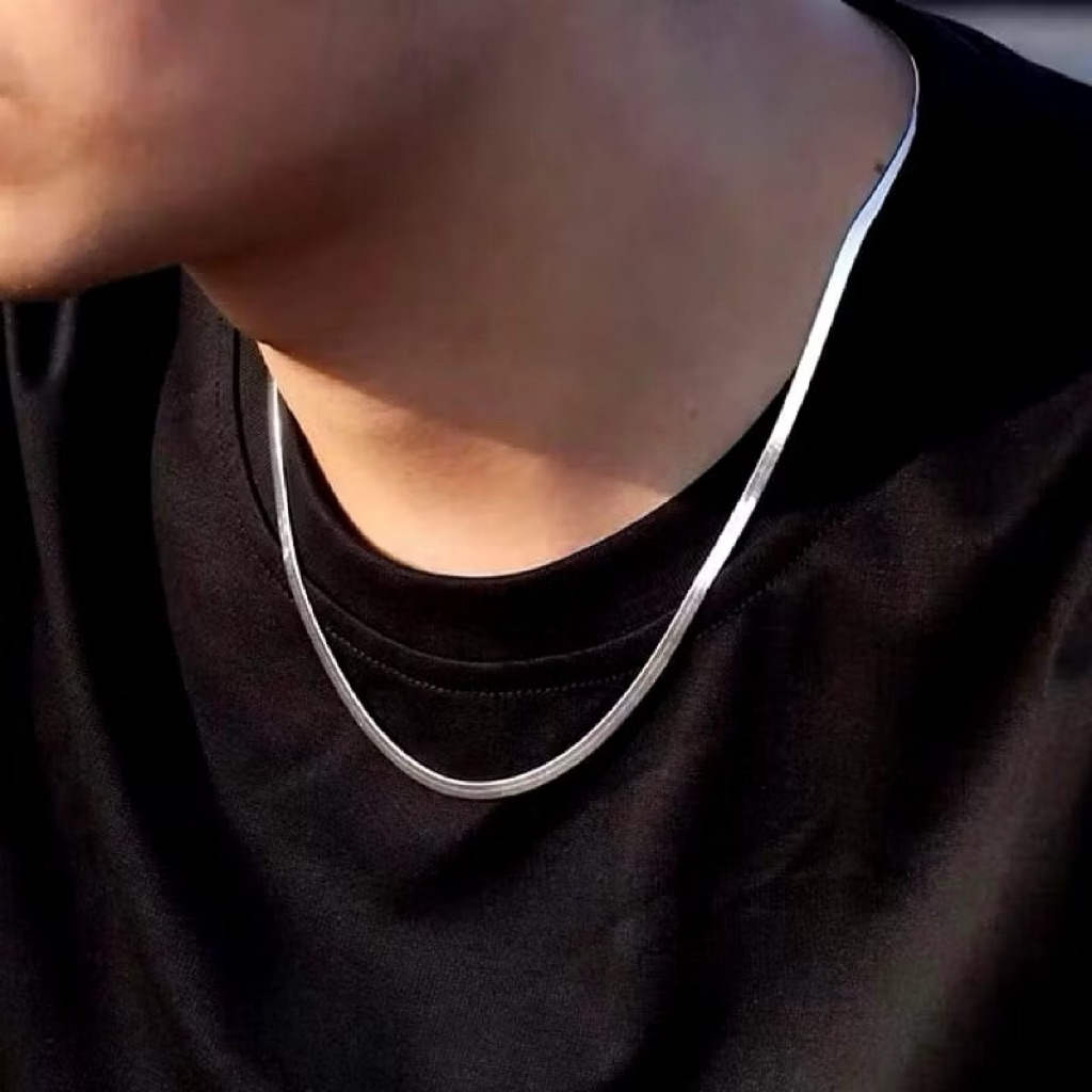 Kalung Titanium Silver Belut Pipih Bestseller Pria Wanita