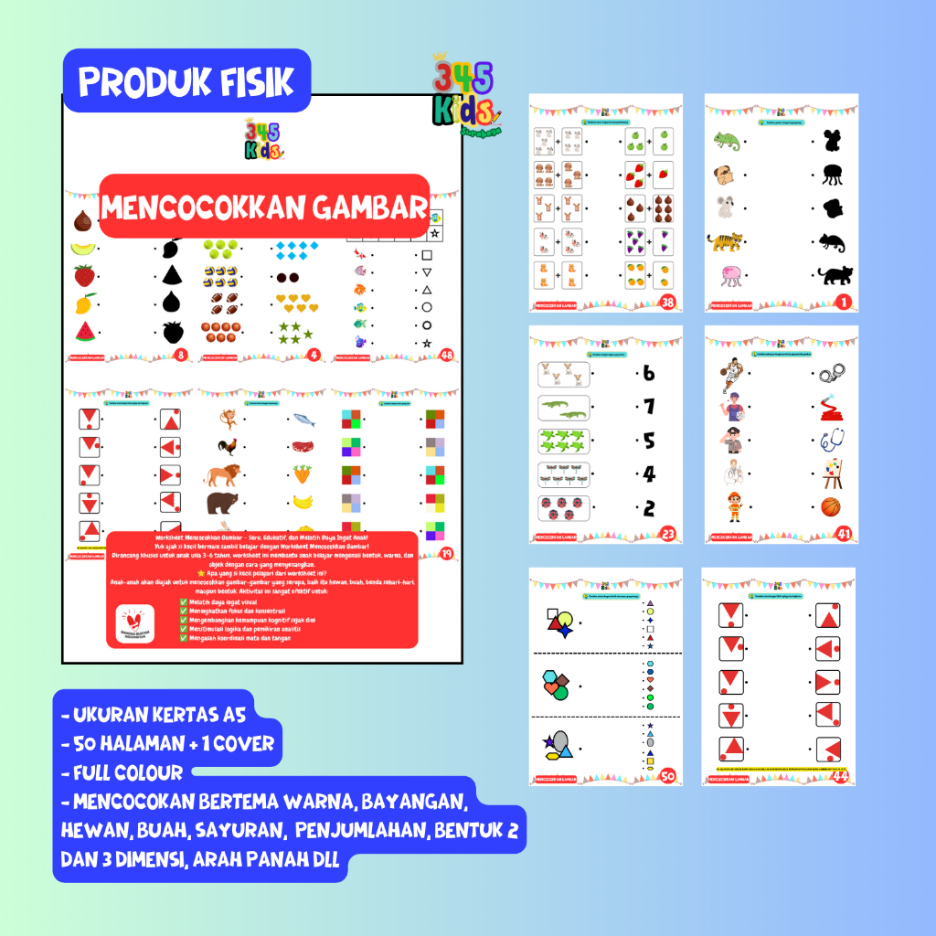 Worksheet Mencocokan Gambar anak pra TK hingga TK B umur 3 4 5 6 tahun
