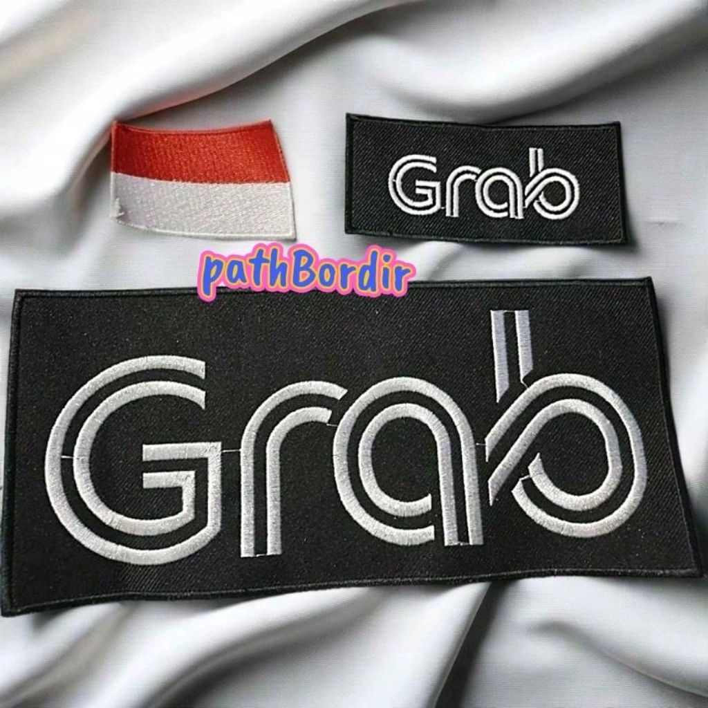 Emblem Logo Bordir Grab Dasar Hitam benang Putih Lis Hitam Bordir Komputer High Quality