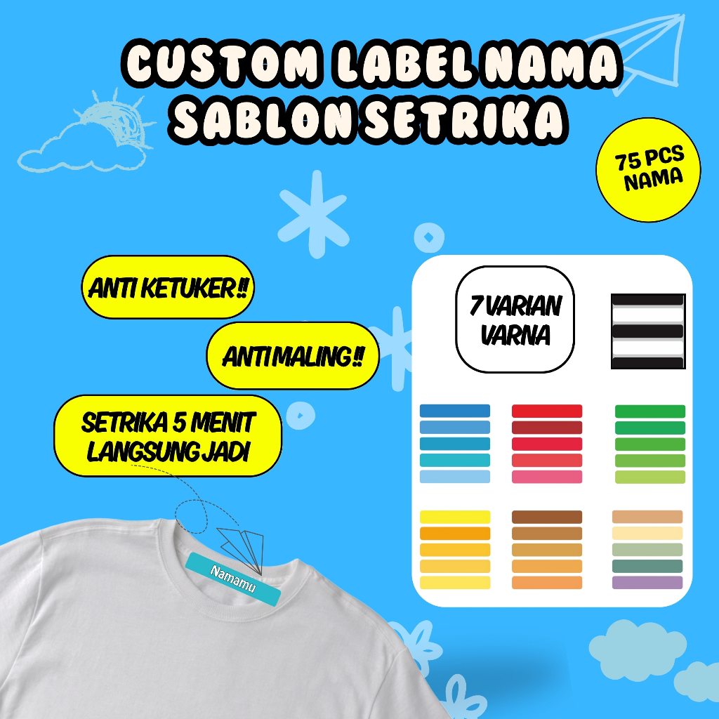 

75PCS Label Nama Baju Kain Sablon Setrika Sehari Jadi Sticker DTF Stiker Printing Anti Luntur Custom