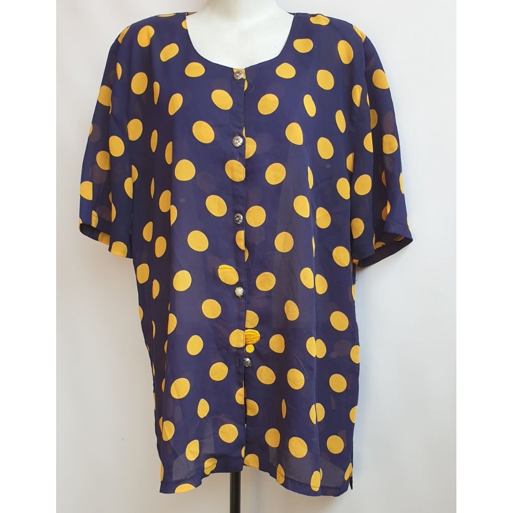 Kemeja Blouse Blus Wanita Polkadot Biru Navy Dongker Kuning Like New Preloved PL Prelove