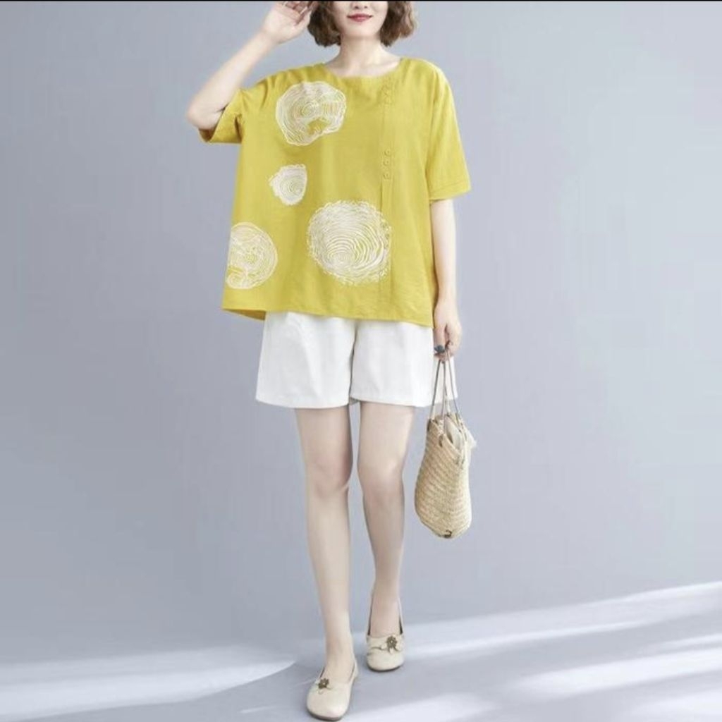 Blouse wanita katun import motif print bordir ukuran jumbo