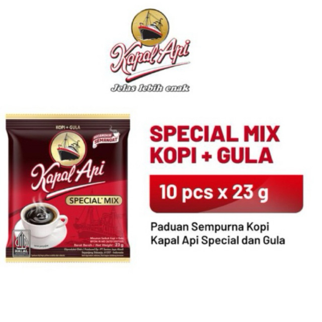 

Kopi Kapal Api Special Mix + Gula 23gr 1 Renceng isi 10
