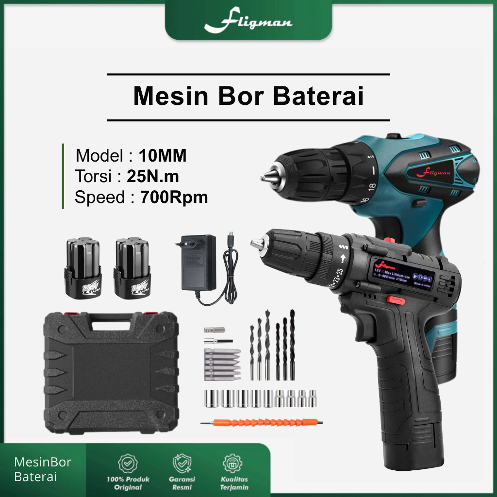 Fligman - Bor Baterai Cordless 12V Mesin Bor Tangan Tanpa Kabel Rechargeable Serbaguna Fullset