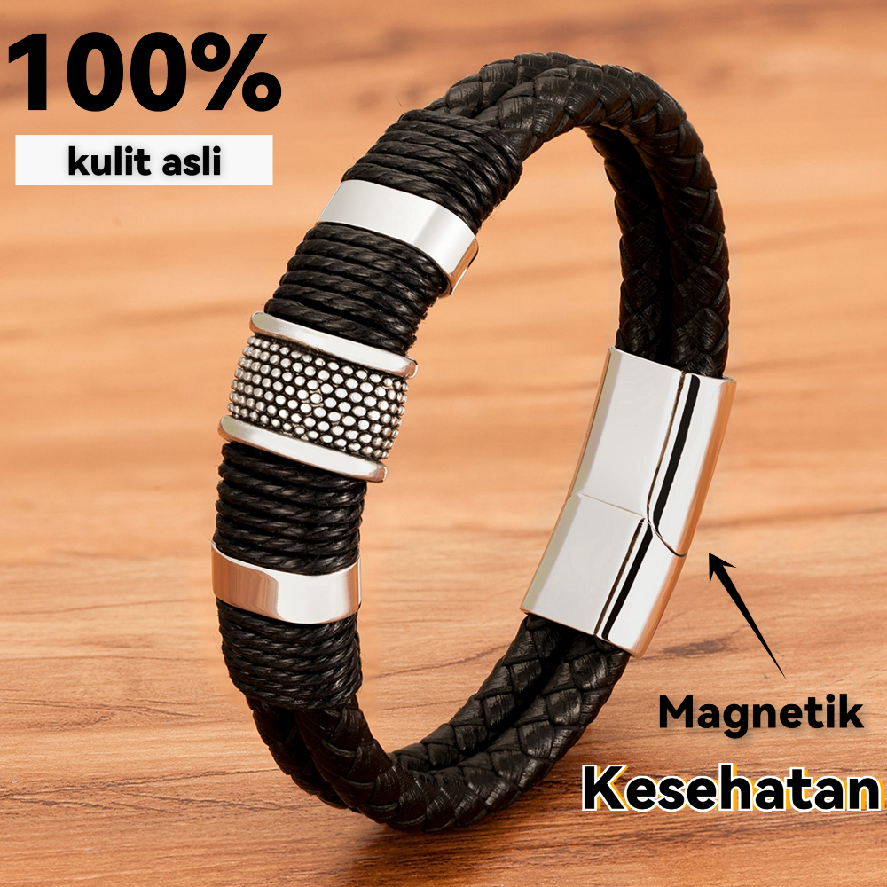 2025 Tenunan Tangan Klasik Gelang Pria Kulit Emas/Perak/Hitam 21cm Men's Bracelet Titanium Steel Had