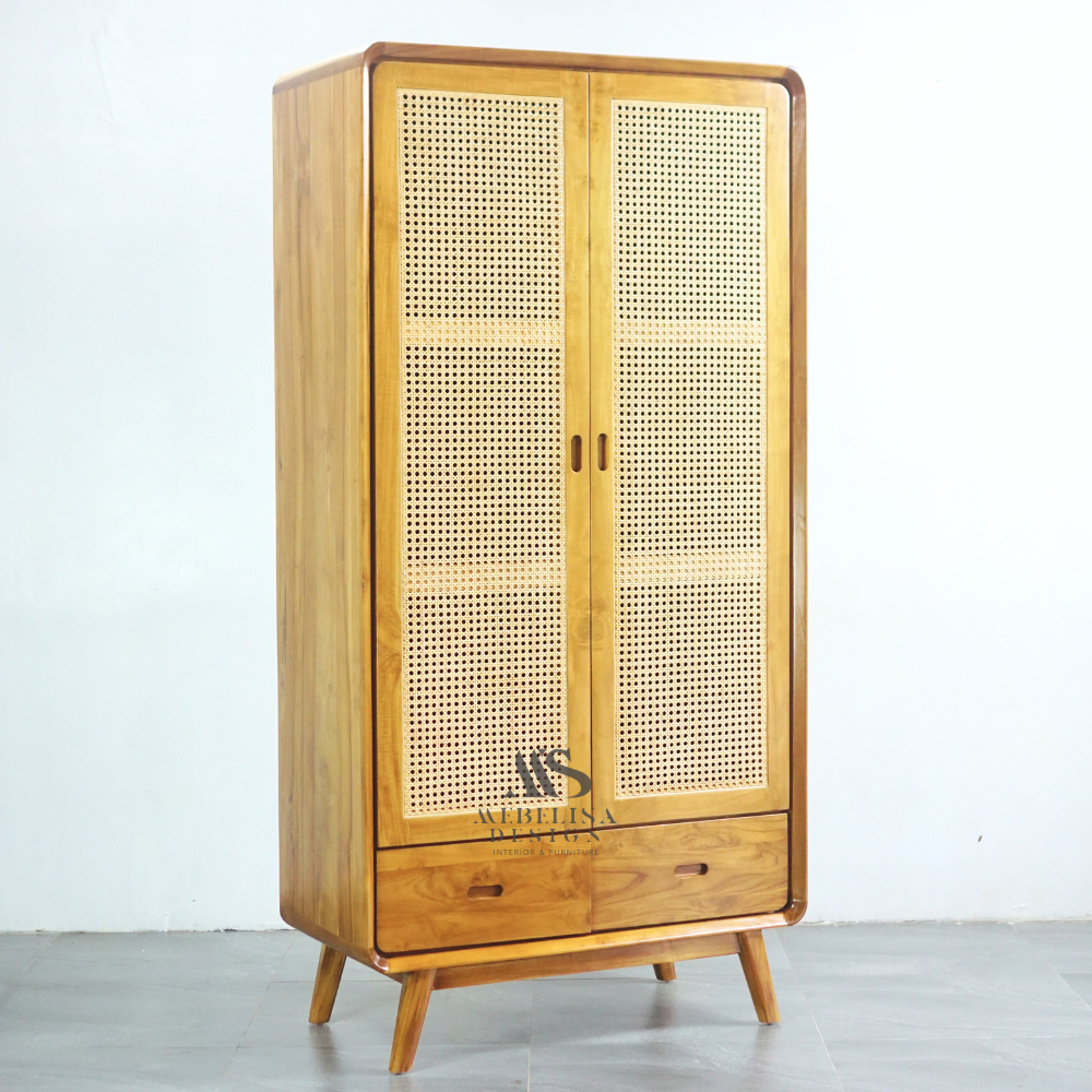 Lemari Baju 2 Pintu Aesthetic Kayu Jati Anyaman Rotan