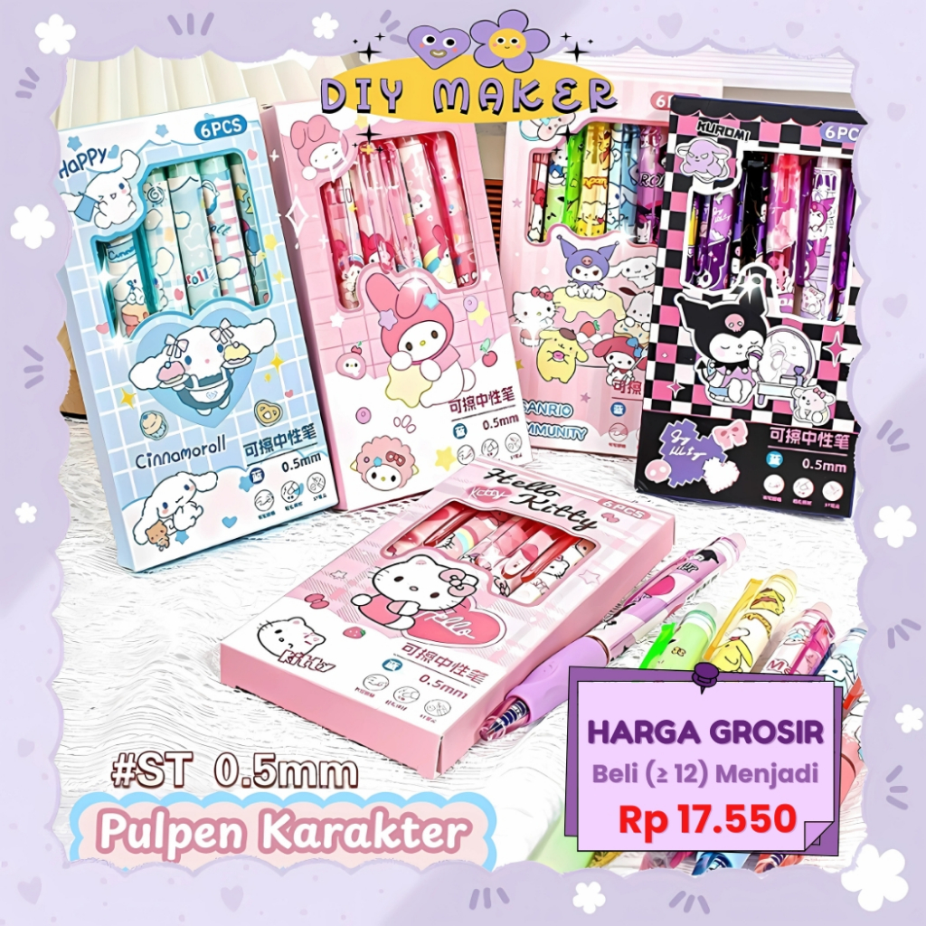 

DM 1 Box Pulpen Isi 6 Pcs 0.5mm Pulpen Lucu Bisa Hapus Pen Erasable Kartun Pena Cinnamoroll Sanrio