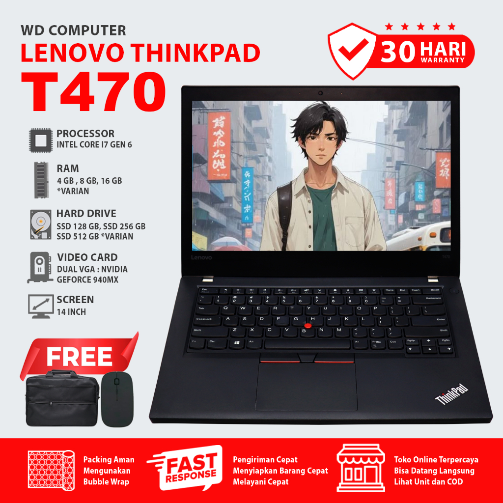 Laptop Lenovo Thinkpad T470 intel Core i7 Gen 6500U Dual Vga Nvidia Geforce 940MX RAM 32 GB SSD 1 TB
