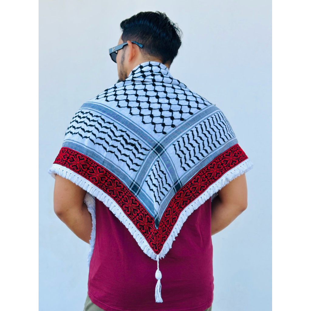 Sorban Palestine Keffiyeh Hitam Putih Merah Motif Rajut Made In Palestina Tatreez