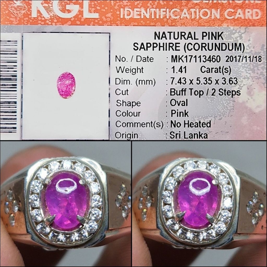 Natural Pink Sapphire Srilanka NoHeated Notreatment NH NTE Ceylon Memo KGL Lab Ring Silver Perak Swa