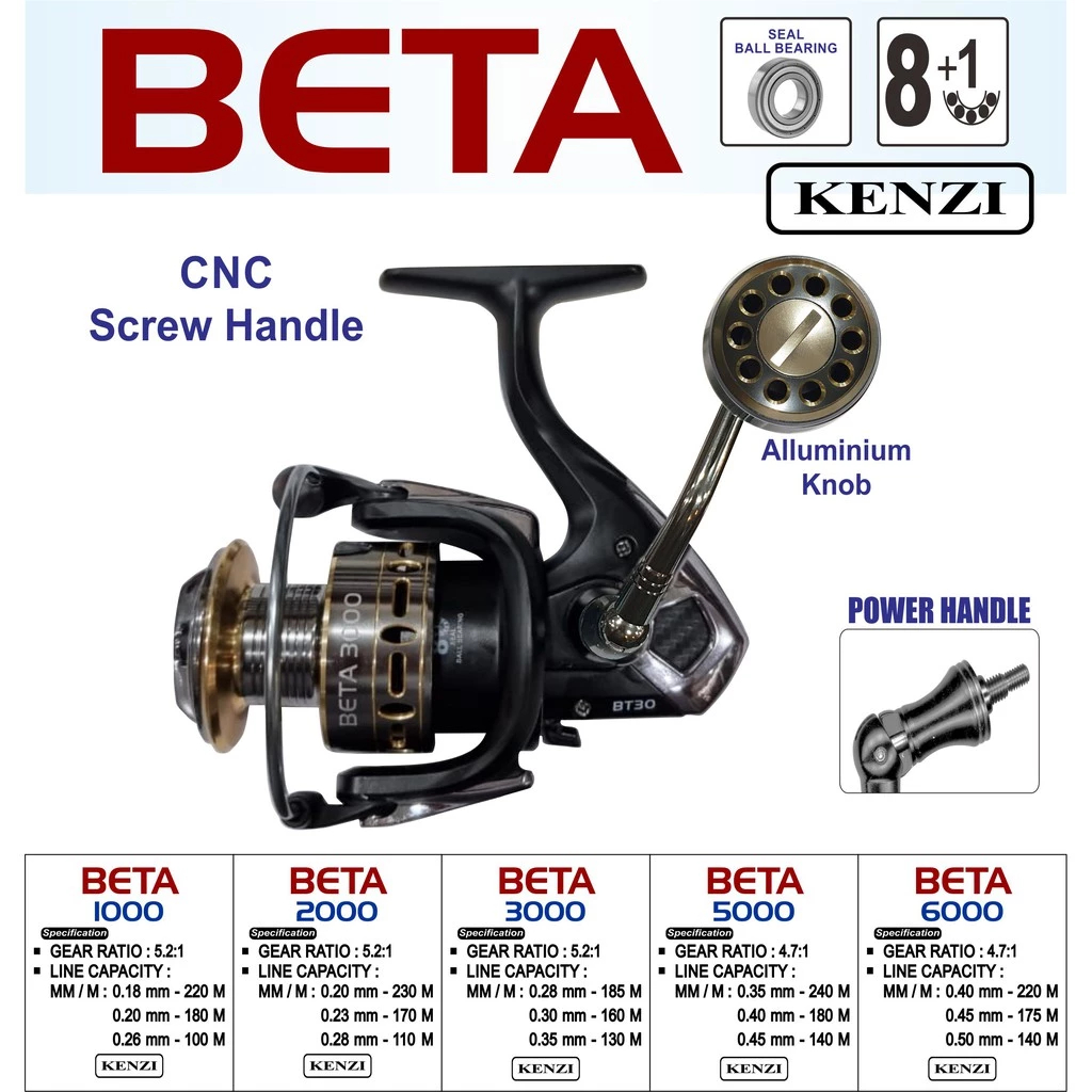 KENZI BETA Reel Pancing 1000 2000 REEL KENZI Reel Muara/Sungai/Laut Reel Power Handle Alumunium Knob