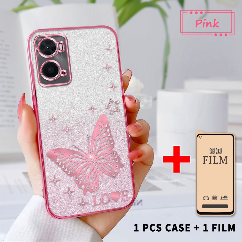 2 in 1 Case untuk OPPO A36 A76 A96 4G Casing Kupu-Kupu & Bintang Rhinestone 3D Bling Softcase Anti J