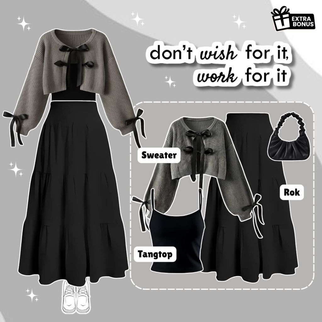 one set 3in1 sweater cardigan rajut + tanktop tangtop tali kecil + rok susun | ootd outfit cewek wan