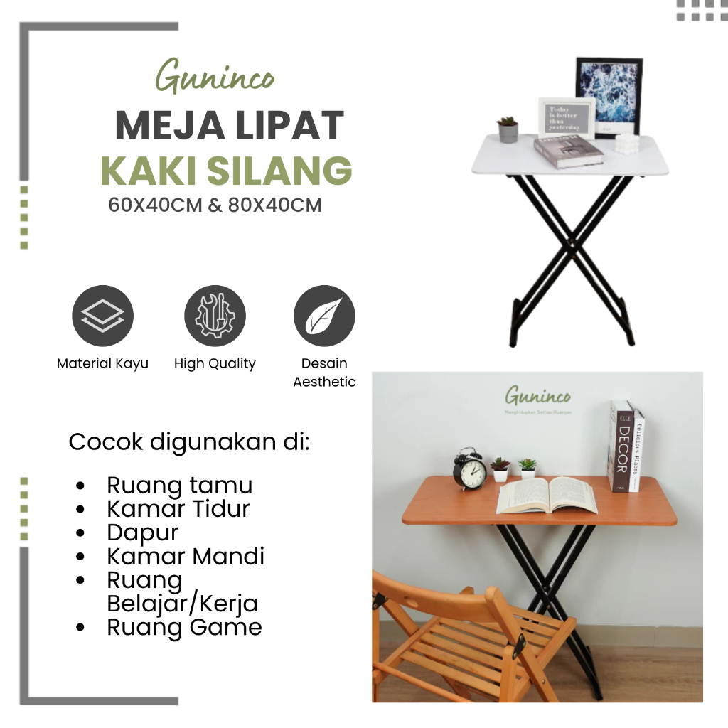 Guninco Meja Lipat Kaki SIlang 80cm Kayu Besi Meja Laptop Portable Meja Bazar Adjustable