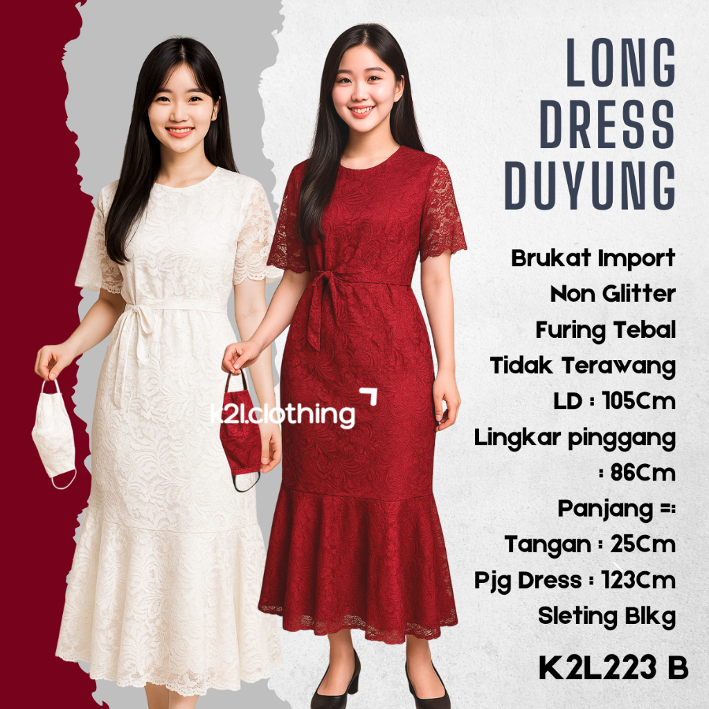 Dress Duyung pesta Long K2L-223B / Dress Kondangan Wanita Mewah model duyung full brokat Non Gliter