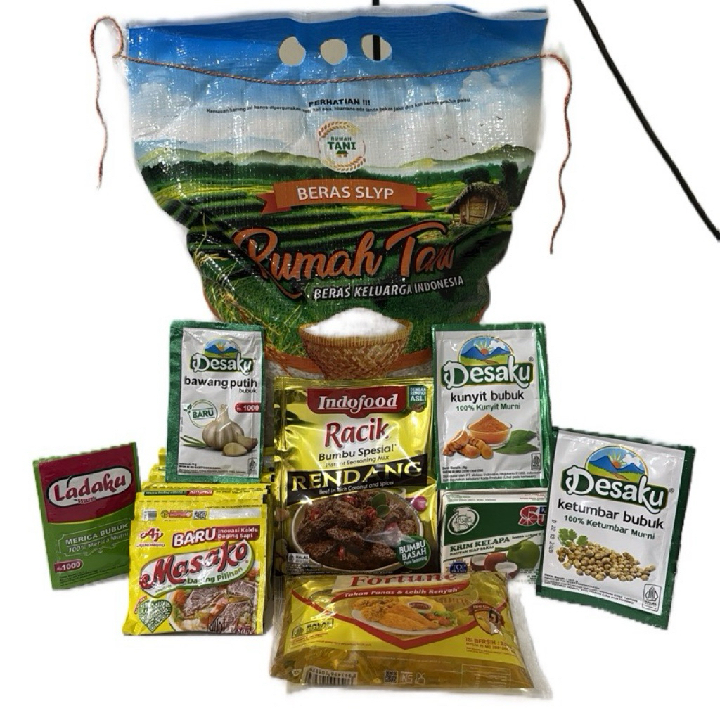 

PAKET SEMBAKO 4 ( BERAS RUMAH TANI 5kg , 1bks DESAKU BAWANG PUTIH, 1bks LADAKU , 1rncg MASAKO SAPI, 1bks INDOFOOD RENDANG, 1bks MINYAK FORTUNE 250ml, 1bks DESAKU KUNYIT, 1 bks DESAKU KETUMBAR, 1pcs SANTAN 200ml)