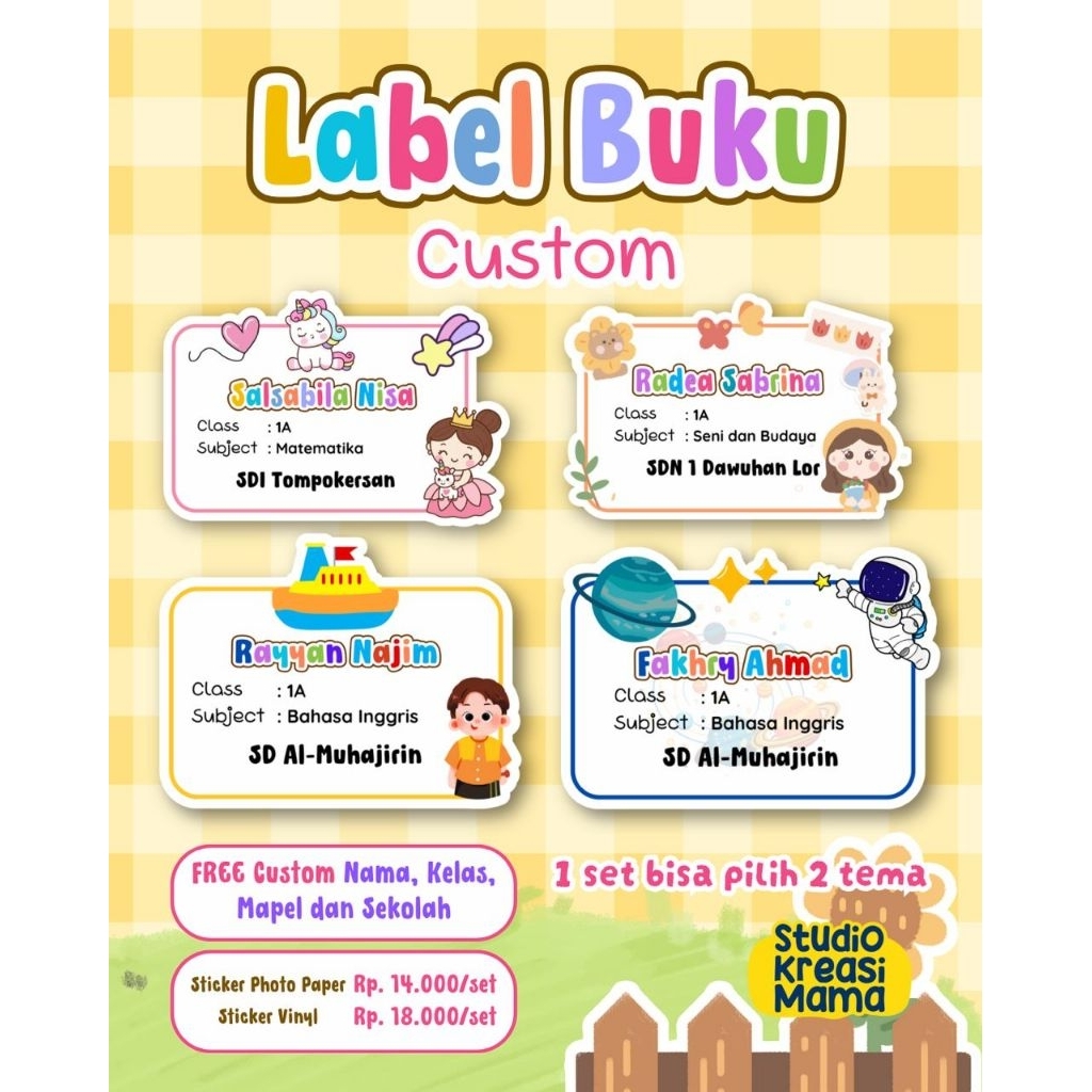

Label Buku Custom Anak – 1 Set 48 Stiker Nama Anti Air Vinyl & Sticker Photo Paper / Stiker Nama Custom Sekolah Anak – 48 Pcs | Label Buku, Pensil, Alat Tulis