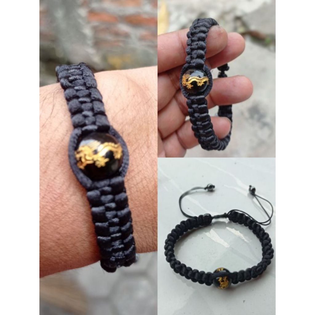 gelang macrame batu onix bulat hitam naga emas terbaik