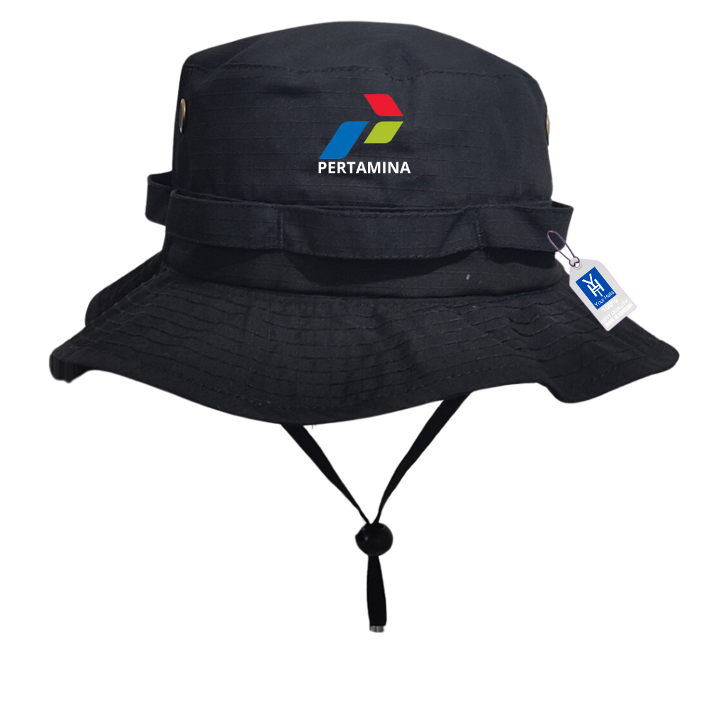 Topi Rimba Pertamina Hitam dengan Logo Pertamina untuk Hiking Topi Camping Kegiatan Outdoor Logo Per
