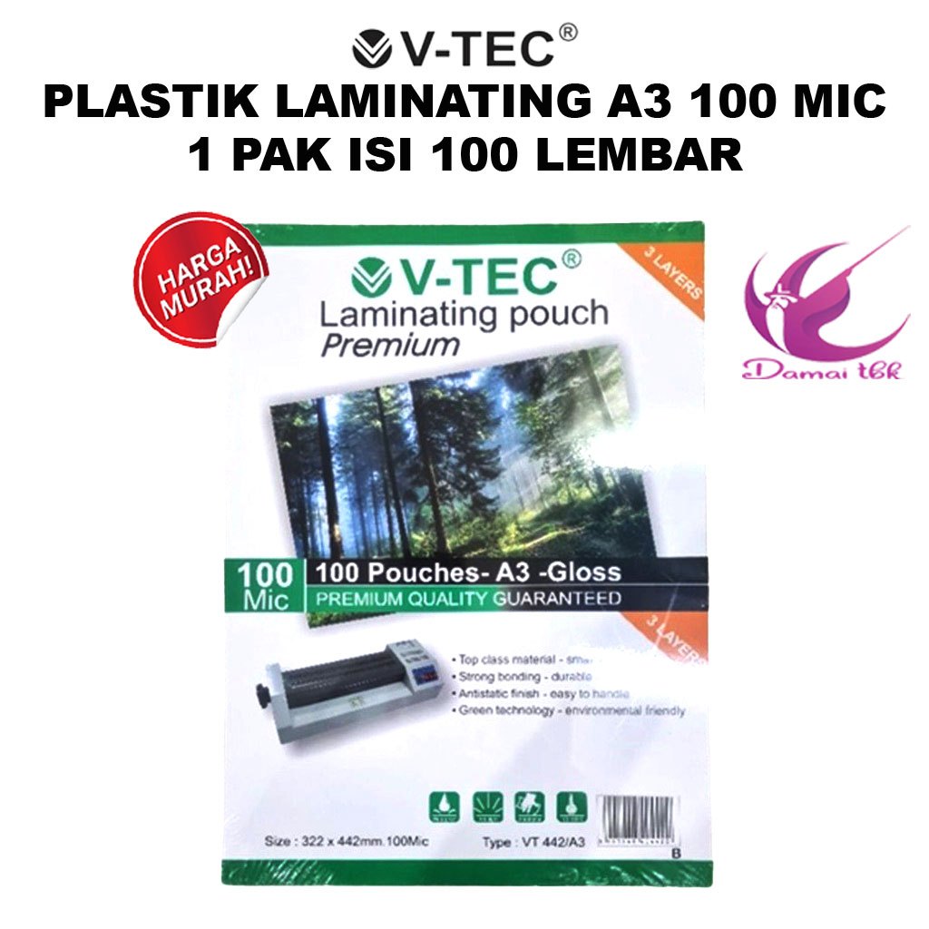

(1 Pak Isi 100 Lembar) V-Tec Plastik Laminating A3 100 Micron VT-442/A3