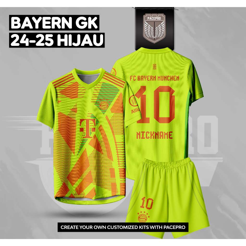 Jersey Sepakbola BAYERN GK HIJAU 2024-2025 Full Printing Free Custom Dewasa Anak GK HIJAU 24-25