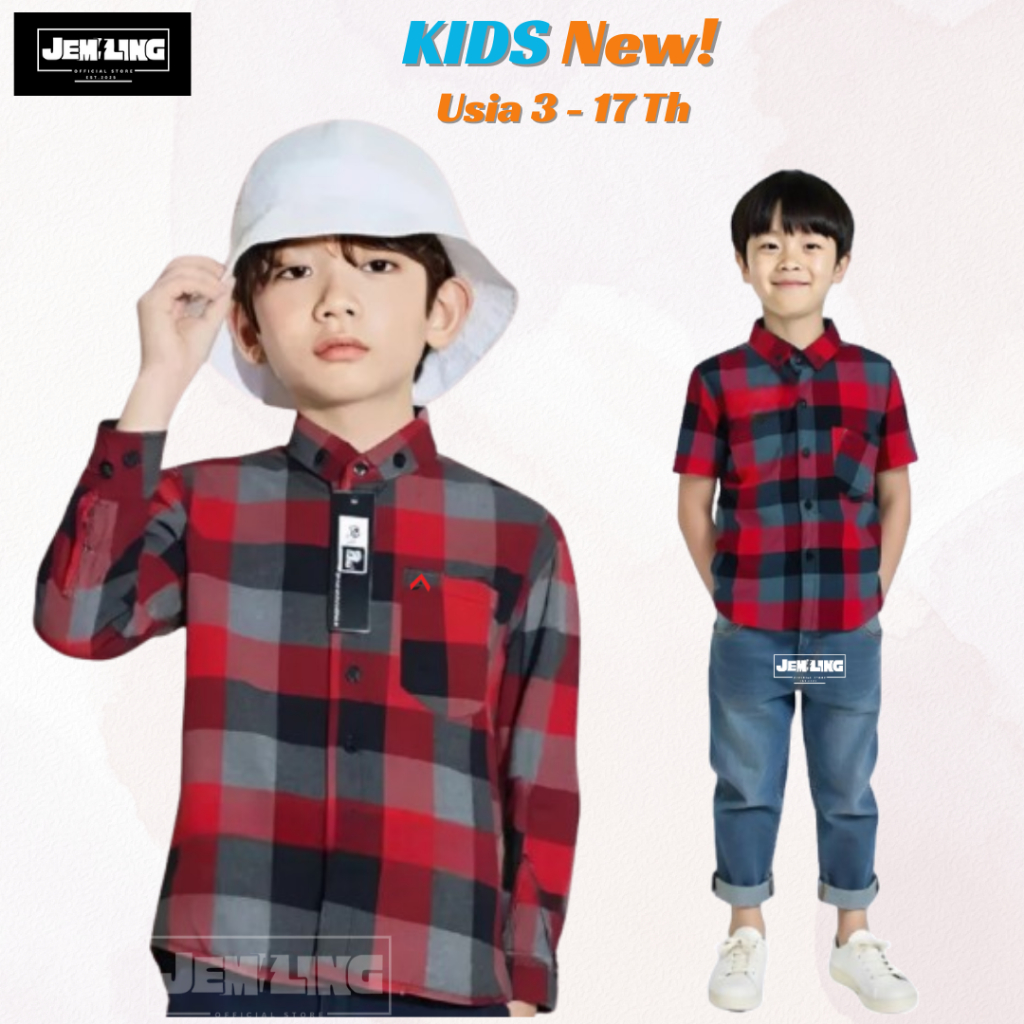 Kemeja Anak Laki-Laki Flanel Lengan Panjang Motif Kotak Usia 3 - 17 Th Baju Hem Anak Pendek Stylish