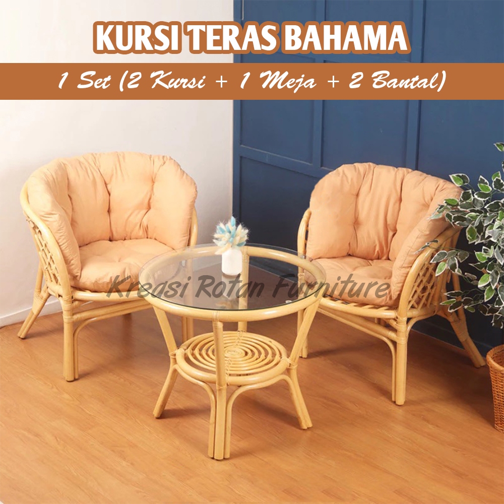 Kursi Teras Bahama Rotan Rotan Asli Minimalis 1 Set | Kursi Tamu Rotan Asli